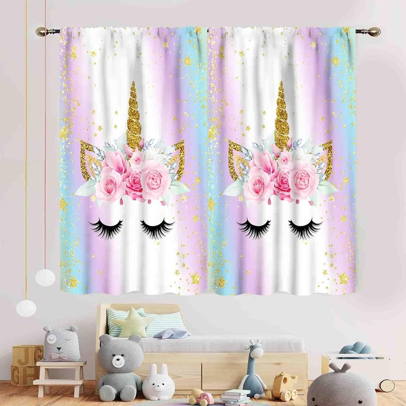 TKUYO Unicorn Curtains for Girls Bedroom, Ombre Rainbow Pink Gold Princess Unicorn Colorful Blackout Drpaes for Girls Kids Baby Room Living Room Nursery Window Treatments 2 Panels Sets, 55"x63" Inch - Image 3